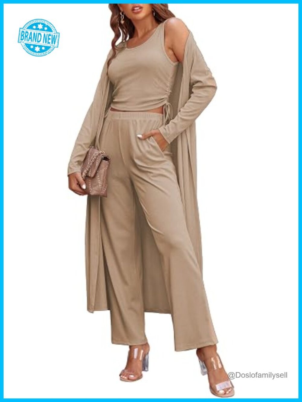 3 Piece Lounge Set Pajama Long Sleeve Cardigan Sleeveless Top Pants Sweatsuit